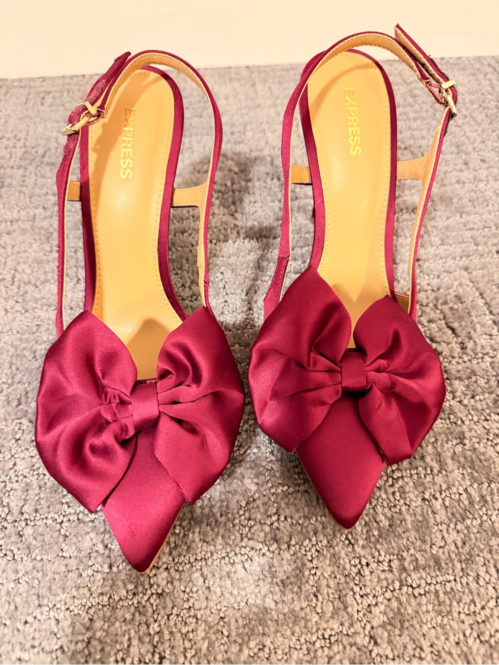 Express Satin Burgundy Pointed Bow Slingback Heels